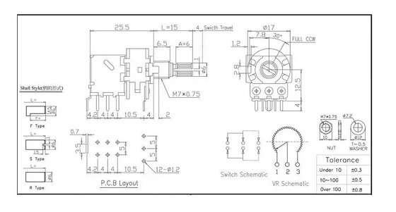 PCB εξογκωμάτων 10k περιστροφικό δοχείο DPDT αντιστατών ποτενσιόμετρων 0.2W μεταβλητό